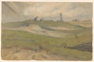 Dünenlandschaft mit Leuchtturm und Netzflickern