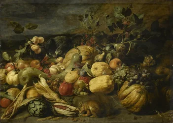 Obst und Gemüse mit einem Affen, einem Papagei und einem Eichhörnchen