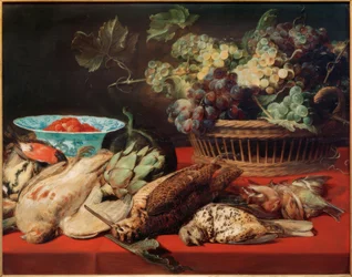 Stilleben – Korb mit Trauben, Vögel und Erdbeeren