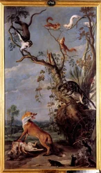 Die Katze und der Fuchs Illustration der Fabel von Jean de la Fontaine