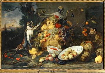 Drei Affen, die Früchte stehlen