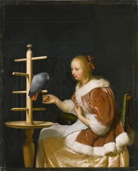 Junge Frau füttert einen Papagei, 1663