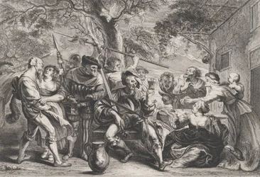 Don Quijote und Truppen der Heiligen Bruderschaft vor einer Taverne