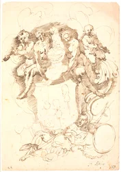 Heraldische Komposition: Wappenschild mit drei aufrechten Geigen, helmgekrönter Hund, umgeben von zwei Figuren und zwei geigenspielenden Putti, alles ruhend auf liegender Männerfigur (Neptun?)