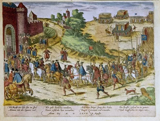 Einzug von Herzog Ferdinand Alvare von Toledo oder Fernando Alvarez de Toledo y Pimentel (1508-1582), 3. Herzog von Alba de Tormes, in Brüssel am 08.08.1567 mit der spanischen Armee. 1653 Druck von Franz Hogenberg (1535-1590) Kabinett der Drucke, B.N., Par