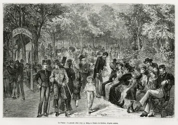 Der Prater: die große Allee. Gravur von Kollarz, um die Geschichte Wien und seine Vororte zu illustrieren, von M. Newlinski, im Jahr 1881, veröffentlicht in Le tour du monde, unter der Leitung von Edouard Charton (1807-1890).