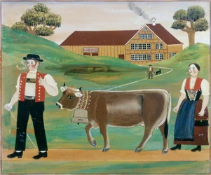 Bauer und Bäuerin mit Kuh