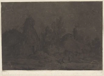 Mondlichtszene mit Figuren vor einer Hütte
