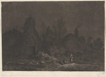 Mondlichtszene mit Figuren vor einer Hütte