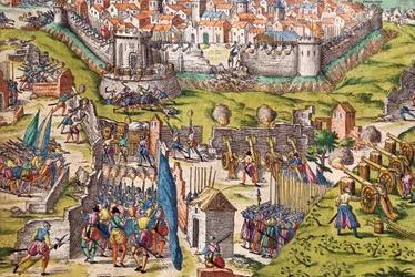 Condés Armee belagert Chartres, März 1568, Kupferstich von Franz Hogenberg, Frankreich