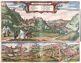 Ansicht der Alhambra mit der Stadt Granada, Spanien: oben eine Ansicht der Alhambra auf dem Cerro del Sol Hügel. Die Ansicht unten links zeigt die geschlossenen Türen der Alhambra. In der Mitte sind die Eingänge der Masmoros-Höhlen. Die große Struktur unte