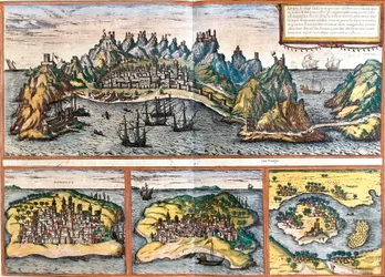 Ansichten von Aden (Jemen), Mombasa (Kenia), Kilwa Kisiwani (Tansania) und Cefalù (Sizilien, Italien)
