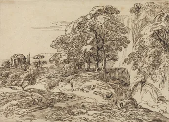 Pastorale Landschaft mit Wasserfall und Tempel