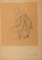 Figurenstudie eines nach links Sitzenden, mit einem Tuch bekleideten Mannes