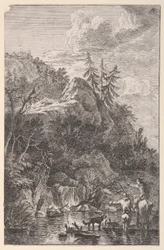 Weibliche Figur auf einem Pferd und eine männliche Figur mit einem Hund in einer Straße, ca. 1700-25