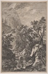 Tafel 6: zwei männliche Figuren stehen auf einem Felsen rechts, ein Wasserfall in der Mitte, ca. 1700-25