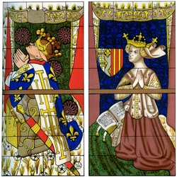 Fragment eines Buntglasfensters in der Kathedrale von Le Mans, Frankreich