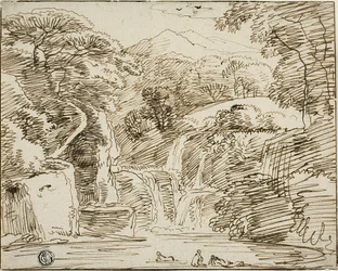 Nymphen baden in der Nähe von Wasserfällen in Berglandschaft