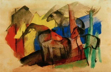 Drei Pferde in Landschaft mit Häusern