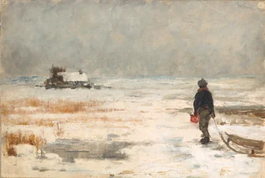 Knabe mit Schlitten in Winterlandschaft