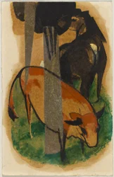 Rotes Pferd und gelbes Rind (Schwarz-braunes Pferd und gelbes Rind), Postkarte aus Sindelsdorf an Alfred Kubin in Wernstein/Zwickledt