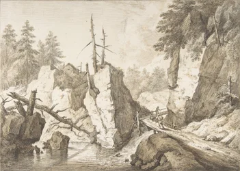 Schweizer Berglandschaft mit kleiner Brücke über einen Bach, 1751-81