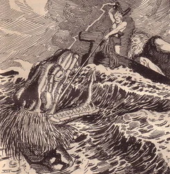 Thor und Hymir beim Angeln. Illustration für Die Edda: Germanische Götter und Helden von Hans von Wolzogen