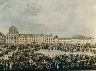 Ludwig van Beethovens Trauerzug 1827 vom Schwarzspanierhaus zur Dreifaltigkeitskirche in der Alsergasse, Wien