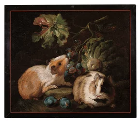 Römisches Mikromosaik-Panel, das zwei Meerschweinchen zeigt, die Kohl und Trauben fressen, 1800-25