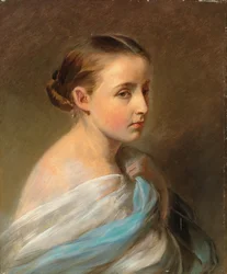 Porträt eines Mädchens, Kopf und Schultern, in ein blau-weißes Tuch gehüllt, ca. 1850