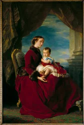 Porträts von Kaiserin Eugenie und dem kaiserlichen Prinzen. Eugenie de Montijo (1826 - 1920) und ihr Sohn mit Napoleon III., Napoleon Eugene Louis Bonaparte (1856-1879)