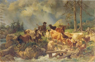 Bergige Landschaft mit Kühen