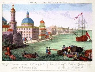 Blick auf die Unterstadt von Quebec in Richtung des Sankt-Lorenz-Stroms. Gravur von Franz-Xavier Habermann