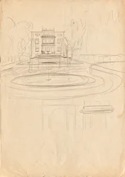 Entwurfsskizzen zu Matschs Ateliervilla - Ansicht vom Garten mit Brunnen