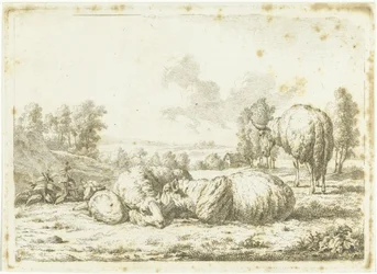 Landschaft mit drei Schafen und einem Lamm