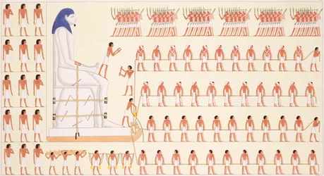 Ein Wandgemälde in Beni Hasan, das die Bewegung einer kolossalen Statue eines Pharaos darstellt