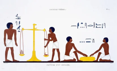 Todesrituale (Thema unklar), aus einem seltenen Bericht über Fresken aus Theben, aufgezeichnet 1819-1822 bei seinem zweiten Besuch in Ägypten von Frederic Cailliaud (1787-1869)