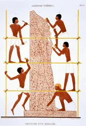 Steinmetze fertigen kolossale Statue des Pharaos, aus einem seltenen Bericht über Fresken aus Theben, aufgezeichnet 1819-1822 bei seinem zweiten Besuch in Ägypten