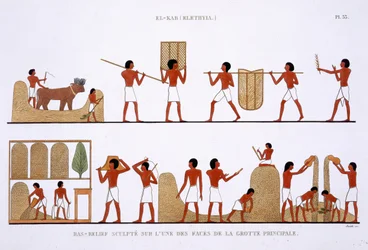 Transport, Lagerung und Aufzeichnung der Getreidevorräte, aus einem seltenen Bericht über Fresken aus Theben, aufgezeichnet 1819-1822 bei seinem zweiten Besuch in Ägypten von Frederic Cailliaud (1787-1869)