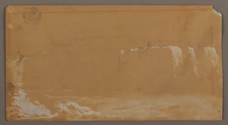 American Falls, Goat Island und Teil der Horseshoe Falls, gesehen vom kanadischen Ufer des Niagara River, möglicherweise 1858