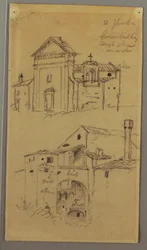 Kirche, Gebäude, überdachte Brücke, möglicherweise 1868–69