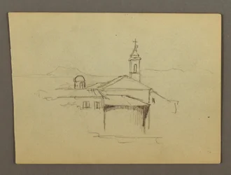 Kirchturm angrenzende Gebäude, möglicherweise 1868–69