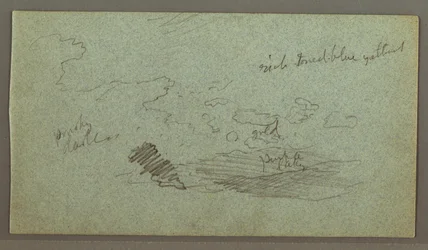 Zeichnung, Wolken über Hügelkette, tiefe Sonne, möglicherweise 1874