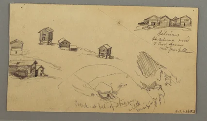 Details von Berghütten, Häusern und einem Felsen, Berner Alpen, Schweiz, 3. September 1868
