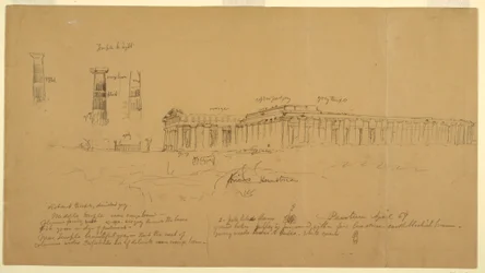 Doric Griechische Tempel von Athena (ehemals Ceres), Hera II (ehemals Neptun) und Hera I (ehemals Basilika), Paestum, Salerno, Italien, April 1869