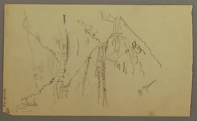 El Yemen Tal, Arabien: Blick auf das gewundene Tal mit einer Karawane, 20. Februar 1868