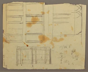 Zeichnung, Figuren-Skizzen; Rückseite: Bücherregal, 1853