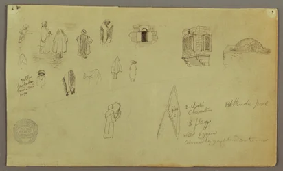 Zeichnung, Figurenstudien, Fensterflagge, möglicherweise 1868