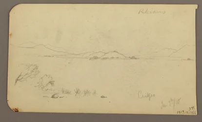 Zeichnung, Figur und Ochsenkarren, Zypressenbaum; Rückseite: Blick über den Cuitzeo-See, Januar 1885