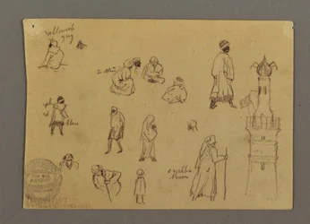 Zeichnung, Figuren und ein Signalturm, Ägypten, möglicherweise 1868